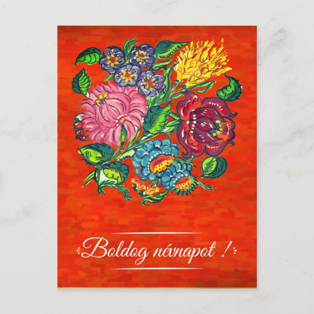 Carte Postale Floral hongrois en rouge -     Nom Jour (Devant)
