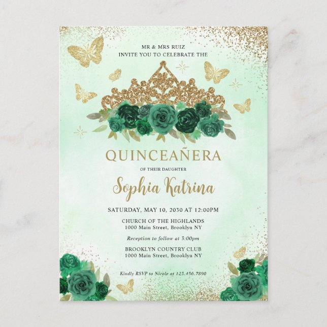 Carte Postale Floral moderne Emerald Vert Or Tiara Quinceañera (Devant)