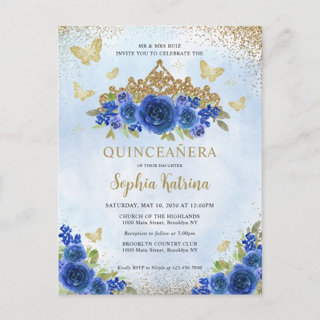 Carte Postale Floral moderne Royal Blue Gold Tiara Quinceañera (Devant)