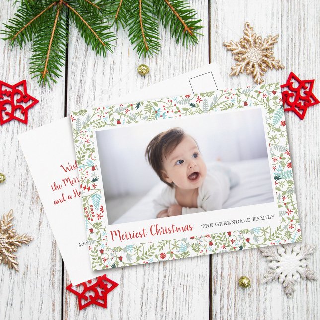 Carte Postale Floral Noël Motif photo (Floral Christmas Holiday Pattern Photo Postcard)