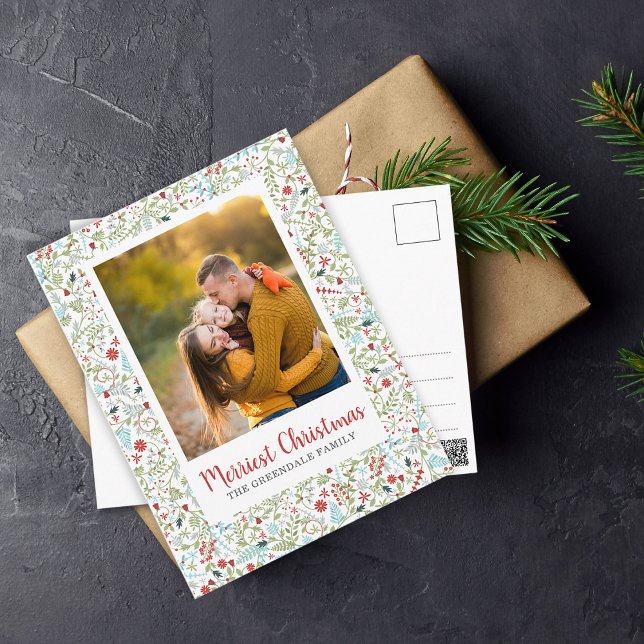 Carte Postale Floral Noël Motif photo (Floral Christmas Holiday Pattern Photo Postcard)