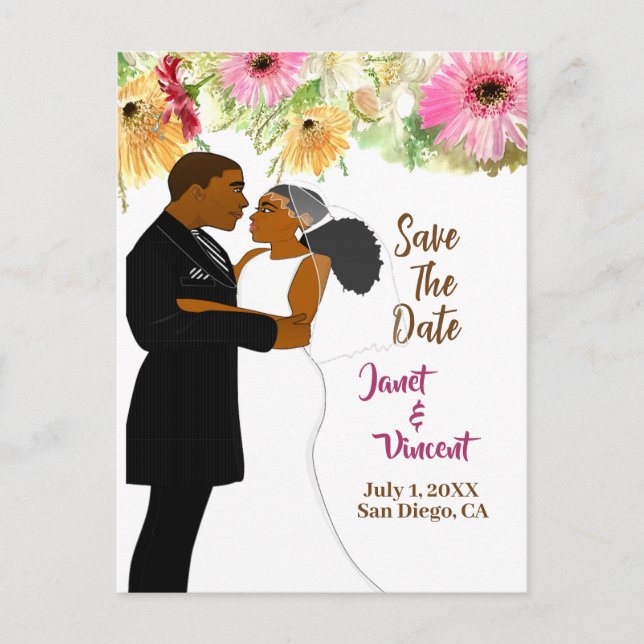 Carte Postale Floral or clair Africain Américain Couple Mariage (Devant)