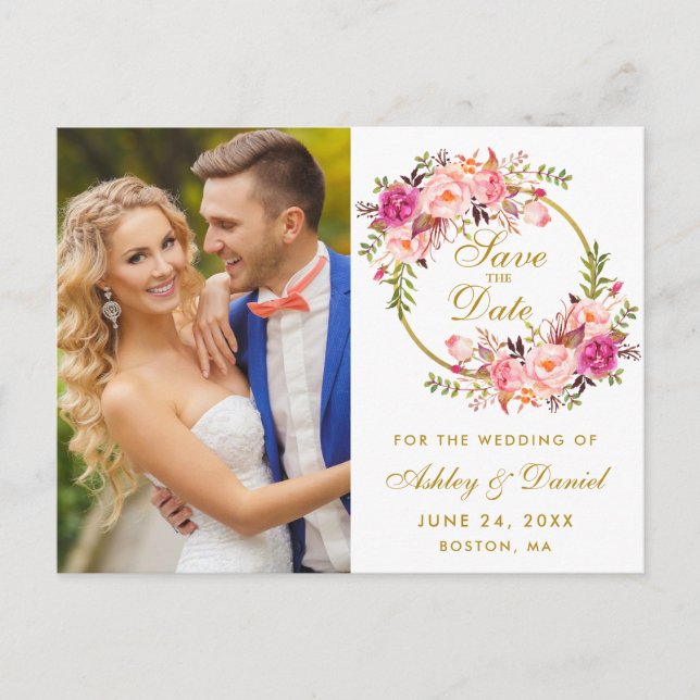 Carte Postale Floral Pink Wreath Gold Enregistrer la photo Date (Devant)