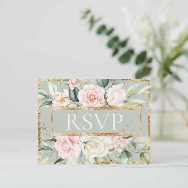 Carte Postale Floral rose Gold Sage Vert Quinceañera RSVP (Debout devant)