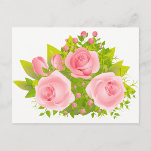 Carte Postale Floral Rose Rose Et Fleurs Vertes - Hello Love