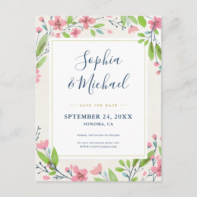 Carte Postale Floral Rose Rustique Enregistrer La Date Invitatio (Devant)