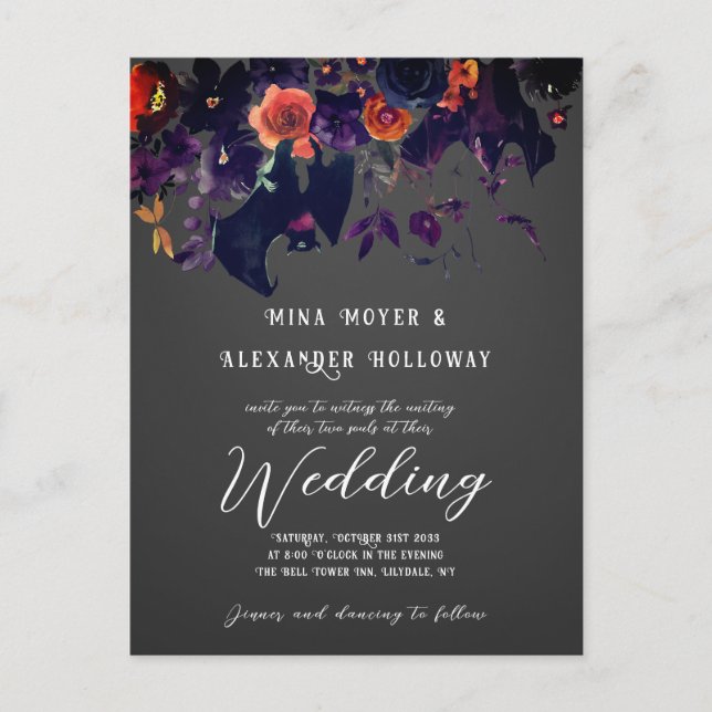 Carte Postale Floral sombre gothique avec chauves-souris Mariage (Devant)