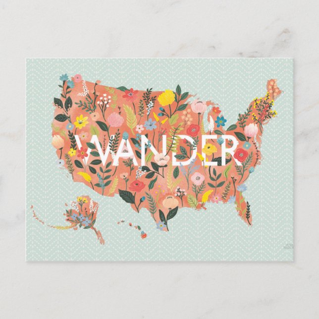 Carte Postale Floral USA Map - Jardin sauvage (Devant)