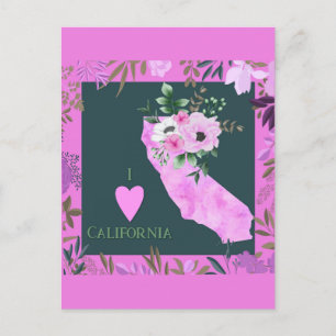 Carte Postale Floral violet I Love California State Map