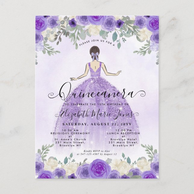 Carte Postale Floral Violet princesse Anniversaire Quinceanera (Devant)