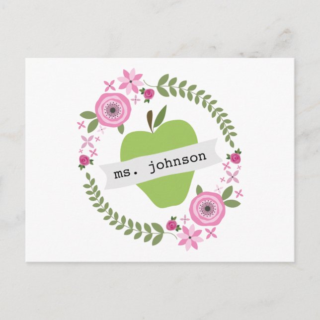 Carte Postale Floral Wreath Green Apple Enseignant personnalisé (Devant)