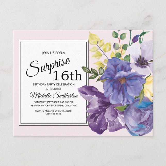 Carte Postale Florale d'aquarelle violette au 16e anniversaire r (Devant)