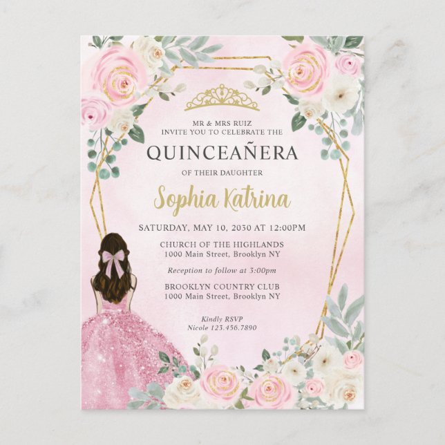 Carte Postale Florale rose pâle princesse Tiara Quinceañera (Devant)