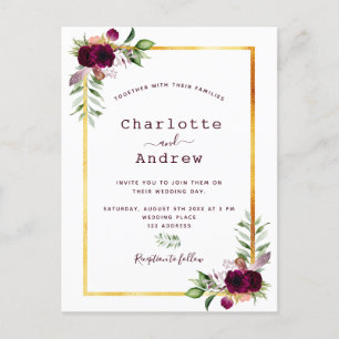 Carte Postale Florales blanc or vert vert mariage boho bordeaux