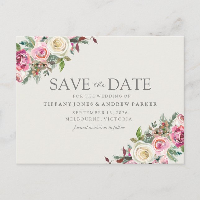 Carte Postale Florales Blanches Roses Enregistrer La Date (Devant)