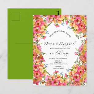 Carte Postale Florales vives rose couleur Mariage d'aquarelle