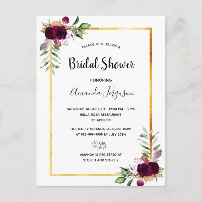 Carte Postale Floraux Bourgogne or verdure boho douche nuptiale (Devant)