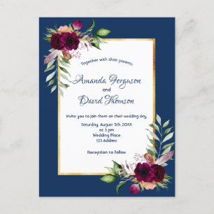 Carte Postale Floraux Bourgogne or vert boho bleu mariage