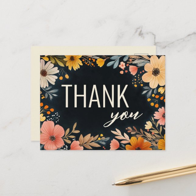Carte Postale Flore d'aquarelle en gras MERCI personnalisé (Devant/Arrière en situation)
