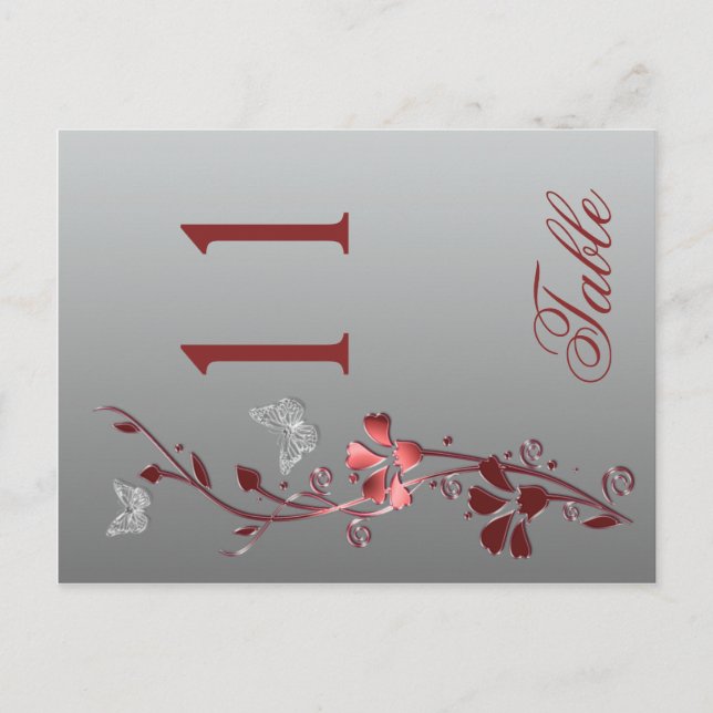 Carte Postale Flore d'argent rouge avec papillons Numéro de tabl (Devant)