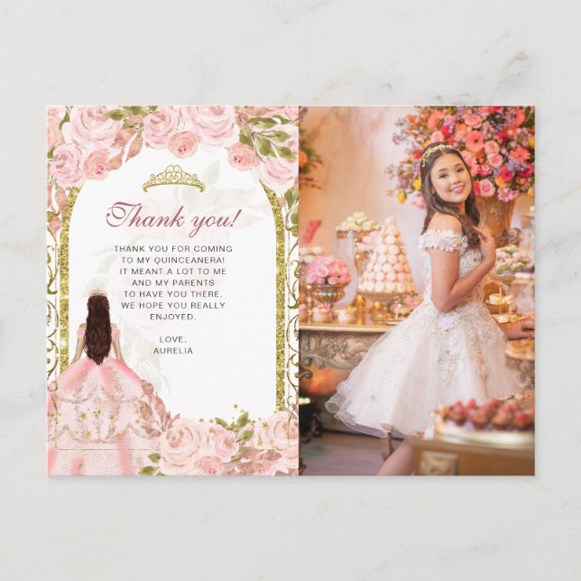 Carte Postale Flore rose pâle Photo Quinceañera Merci (Devant)
