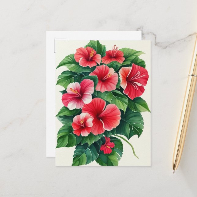Carte Postale Flore tropicale Hibiscus rouge clair (Devant/Arrière en situation)