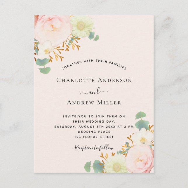 Carte Postale Flores blanches roses rose mariage or (Devant)