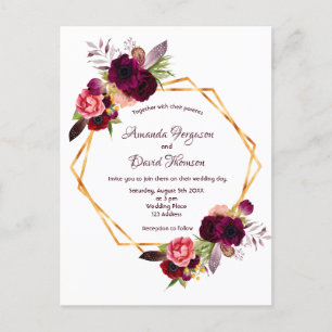 Carte Postale flores bordeaux faire-part de mariage boho géométr