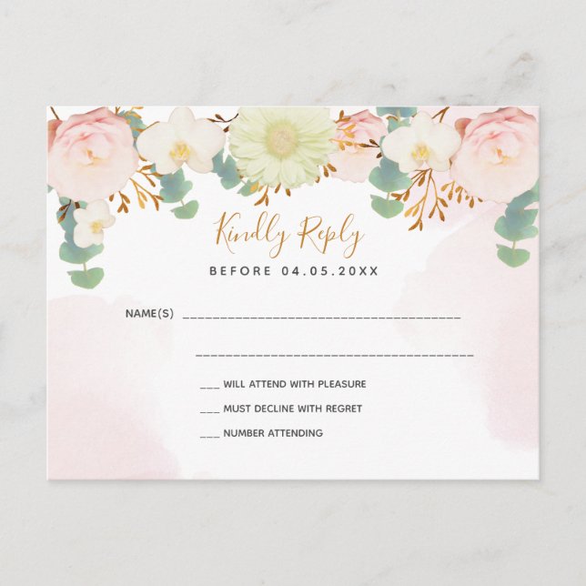 Carte Postale Flores rose vif mariage blanc RSVP (Devant)