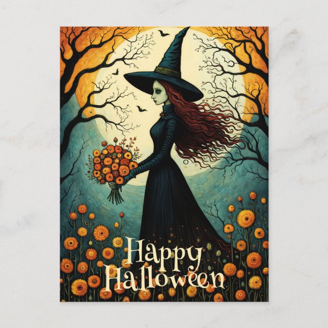 Carte Postale Flower sorcier Fille Forêt de nuit Halloween heure (Devant)