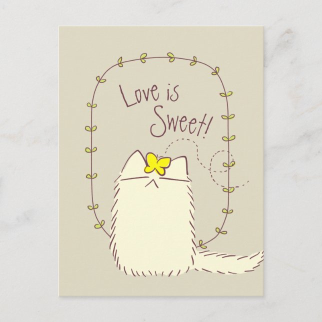 Carte Postale Fluffy Cat et Yellow Butterfly Texte personnalisé (Devant)