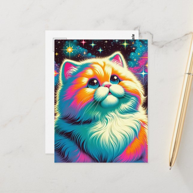 Carte Postale Fluffy Space Cat (Devant/Arrière en situation)