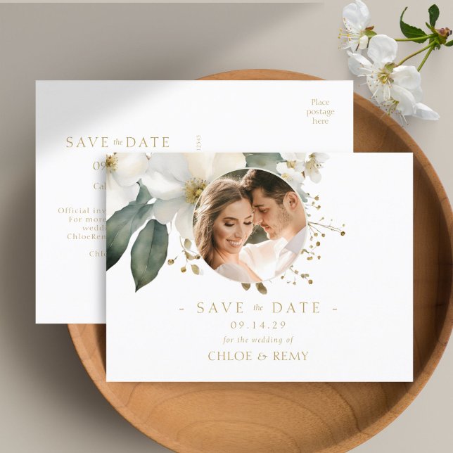 Carte Postale Foliage aquarelle photo mariage Enregistrer la dat (Créateur téléchargé)