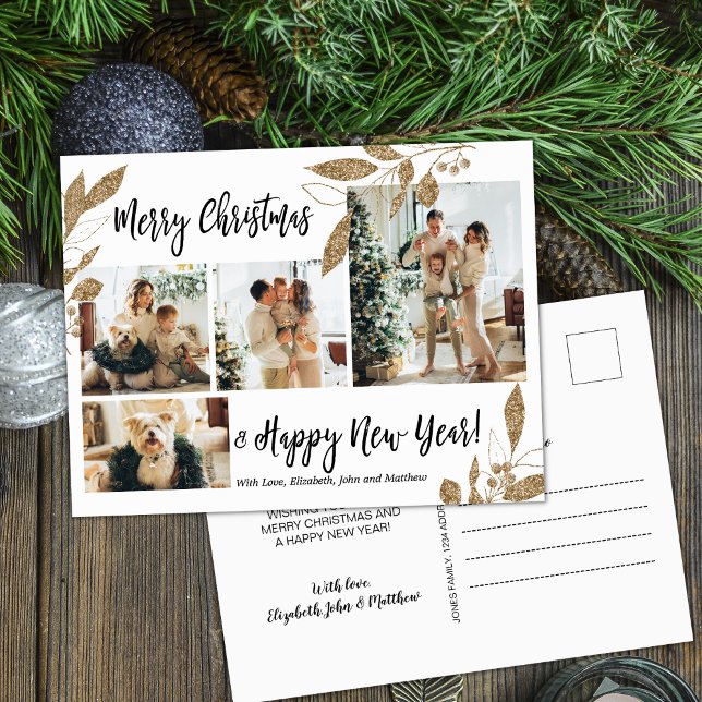Carte Postale Foliage d'or moderne 4 Photo Collage de Noël Post (Créateur téléchargé)