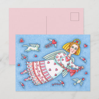 CARTE POSTALE FOLK ART ANGEL, CAT AND FLYING HEARTS VALENTINE