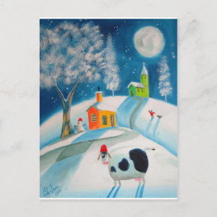 CARTE POSTALE FOLK ART SNOW SCENE COW MOON