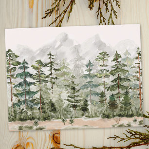 Carte Postale Forêt de pins verte aquarelle sur montagne