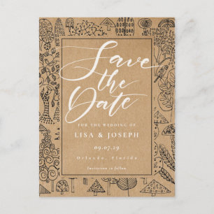 Carte Postale Forêt des bois Script rustique Kraft Sauvez la dat