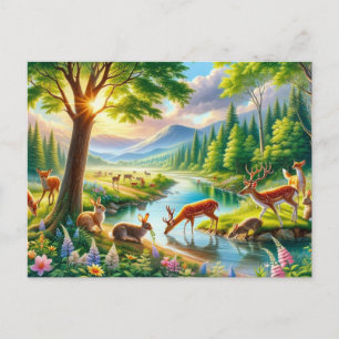 Carte Postale Forêt enchantée sereine avec animaux Peinture