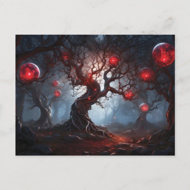 Carte Postale Forêt extraterrestre, arbres tordus, orbes rouges  (Devant)