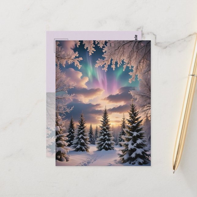 Carte Postale Forêt hivernale neige, cristaux de glace, aurores  (Devant/Arrière en situation)