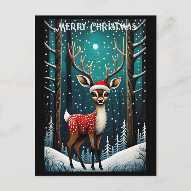 Carte Postale Forêt neige mignonne Bébé Cerf Père Noël Cadeau de (Devant)