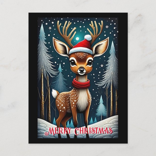 Carte Postale Forêt neigeuse mignonne Père Noël Baby Deer Noël (Devant)