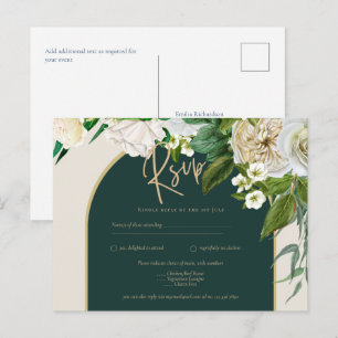 Carte Postale Forêt Vert Or Roses blanches Mariage d'hiver RSVP