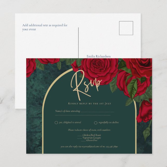 Carte Postale Forêt Vert Or ROUGE Roses Mariage d'hiver (Devant / Derrière)