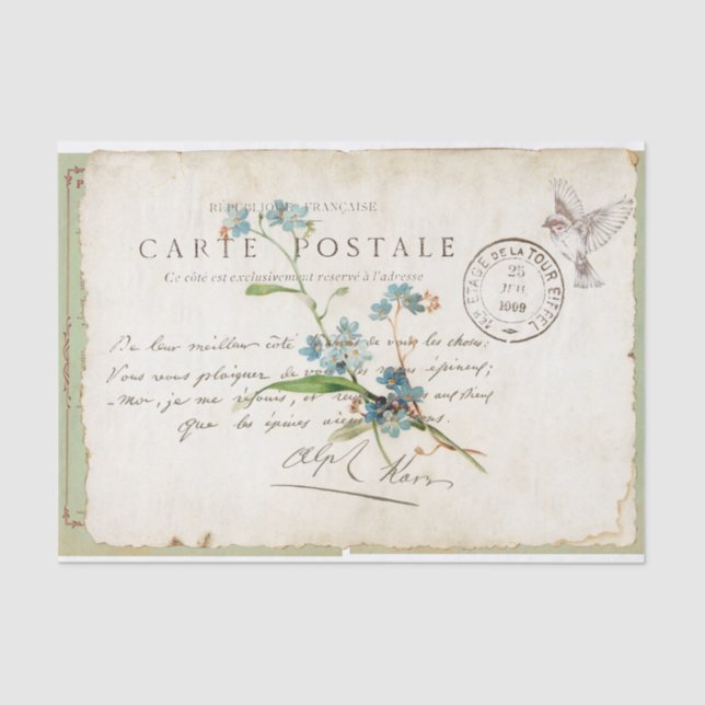 Carte Postale Forget Me Not French Script Bird Tissue Paper (Front)