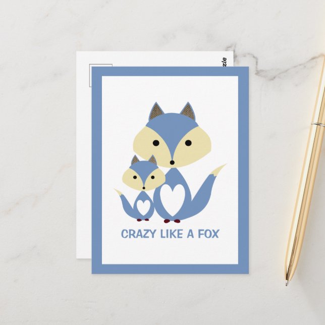 Carte Postale Fou comme un renard, Blue Fox Burlap (Devant/Arrière en situation)