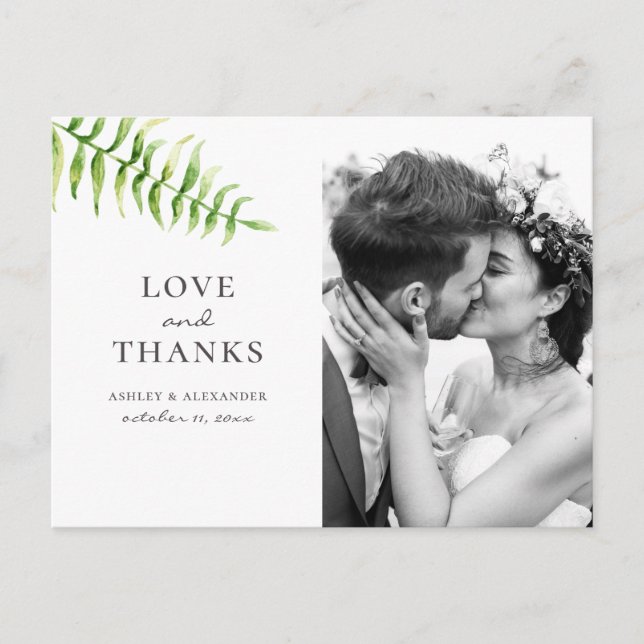 Carte Postale fougère vert aquarelle. Mariage botanique merci (Devant)