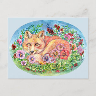 Carte Postale Fox et Pansies