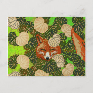 CARTE POSTALE FOX ROUGE PARMI LES FEUILLES VERTS ET LE FOLIAGE
